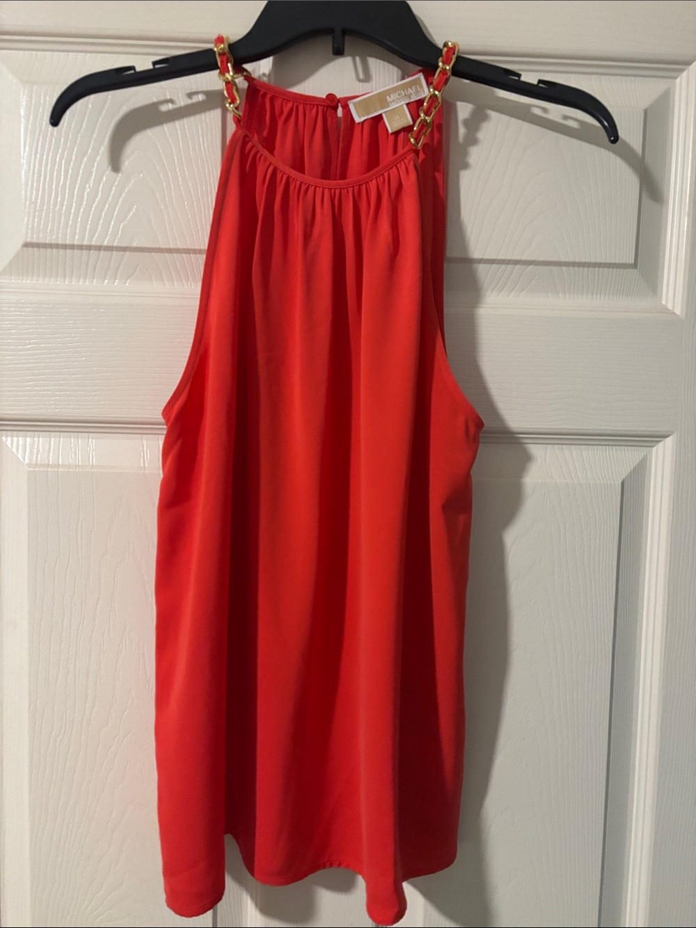 Michael Kors Bright Red Halter Top with Gold Chain Straps